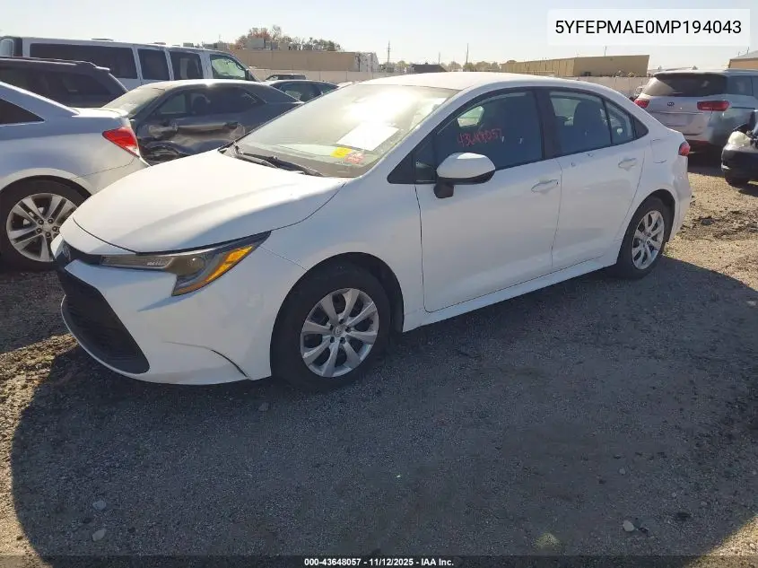 5YFEPMAE0MP194043 2021 Toyota Corolla Le