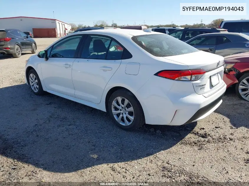 5YFEPMAE0MP194043 2021 Toyota Corolla Le