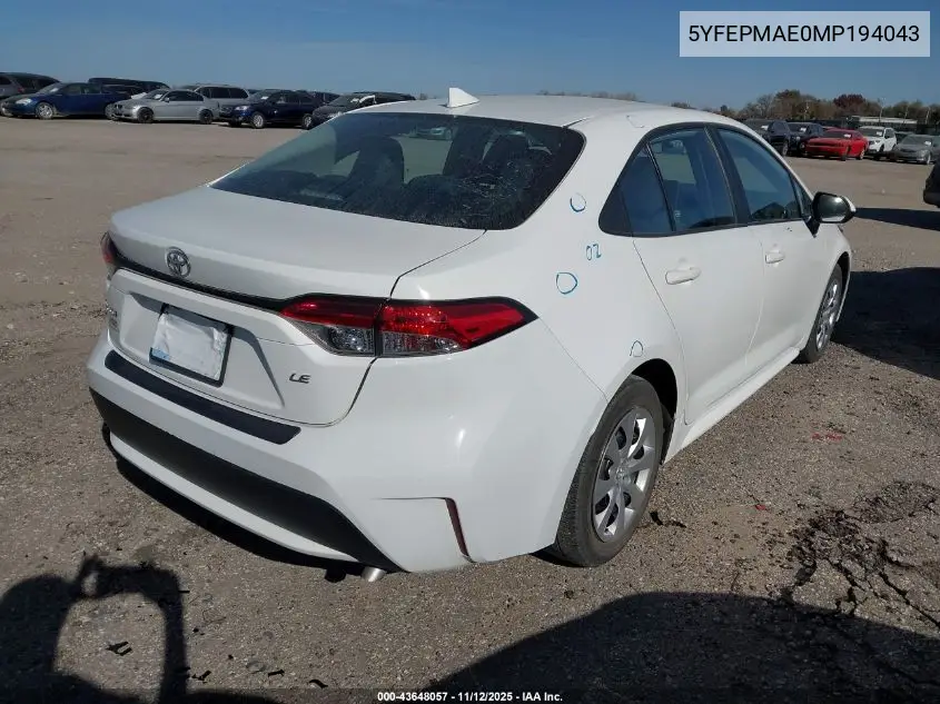 5YFEPMAE0MP194043 2021 Toyota Corolla Le