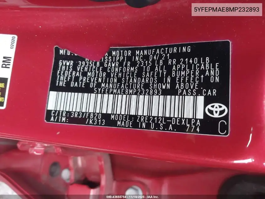 5YFEPMAE8MP232893 2021 Toyota Corolla Le
