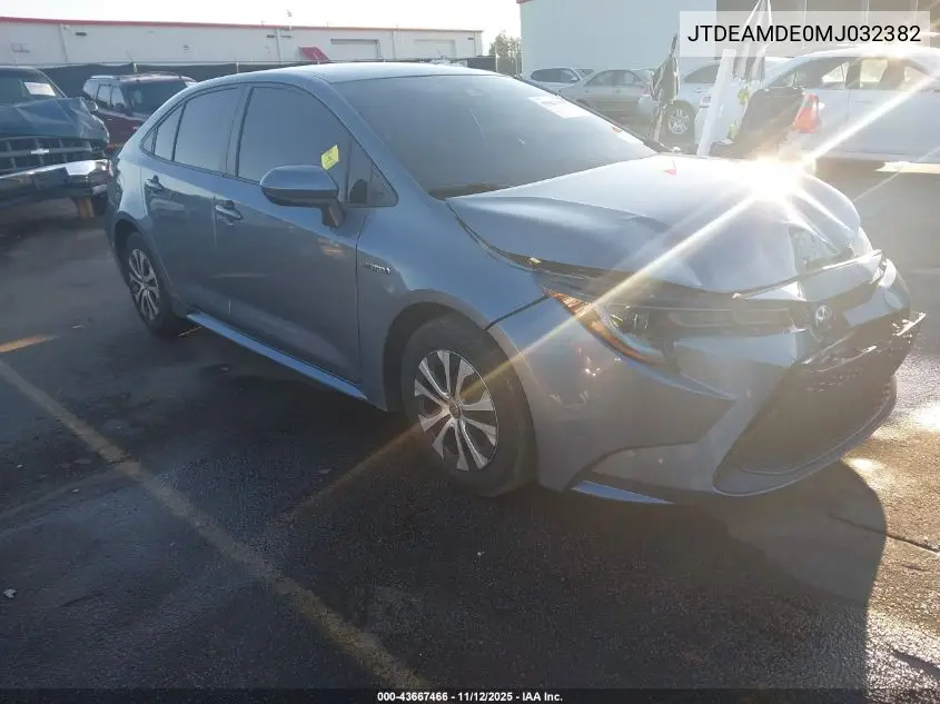 JTDEAMDE0MJ032382 2021 Toyota Corolla Hybrid Le