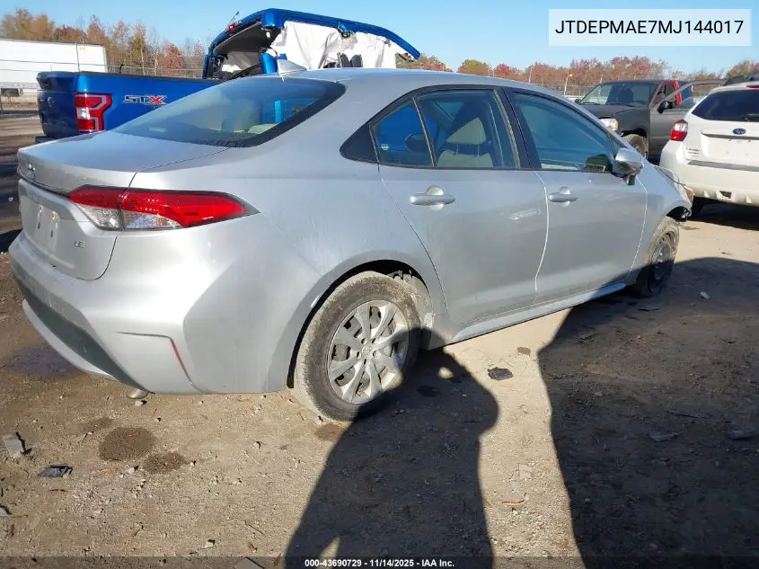 JTDEPMAE7MJ144017 2021 Toyota Corolla Le