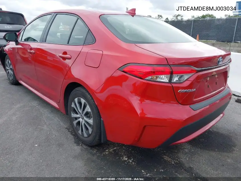 JTDEAMDE8MJ003034 2021 Toyota Corolla Hybrid Le