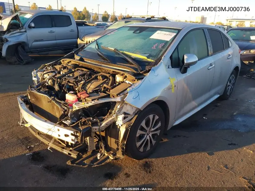JTDEAMDE3MJ000736 2021 Toyota Corolla Hybrid Le