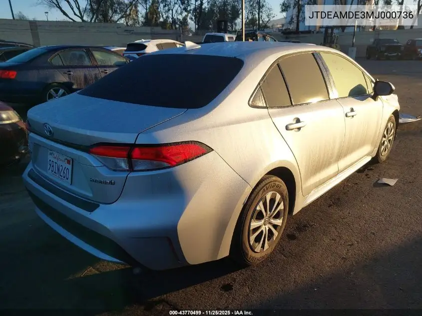 JTDEAMDE3MJ000736 2021 Toyota Corolla Hybrid Le
