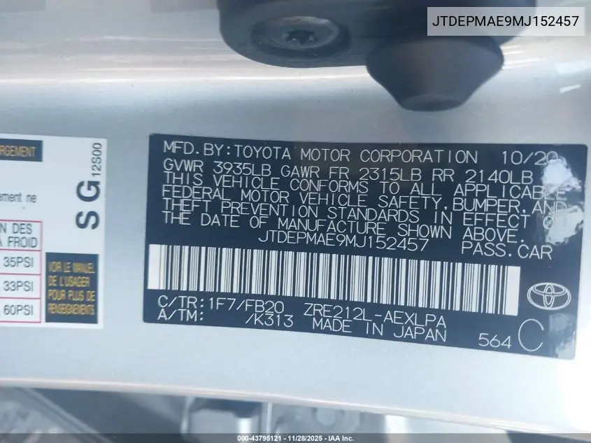 JTDEPMAE9MJ152457 2021 Toyota Corolla Le