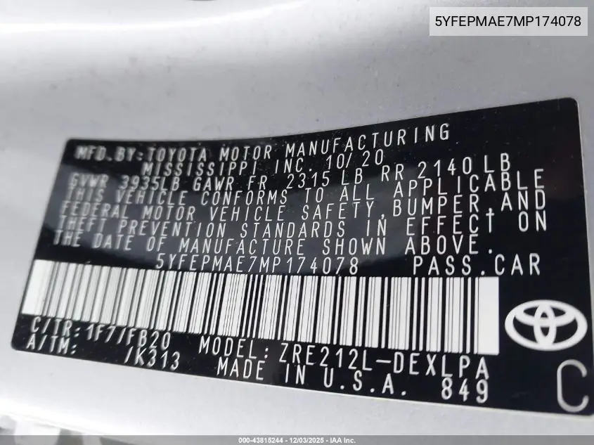 5YFEPMAE7MP174078 2021 Toyota Corolla Le