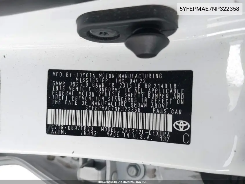 5YFEPMAE7NP322358 2022 Toyota Corolla Le
