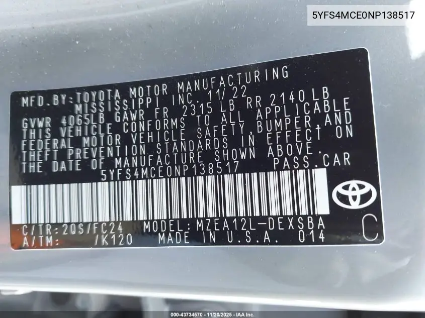 5YFS4MCE0NP138517 2022 Toyota Corolla Se Apex Edition