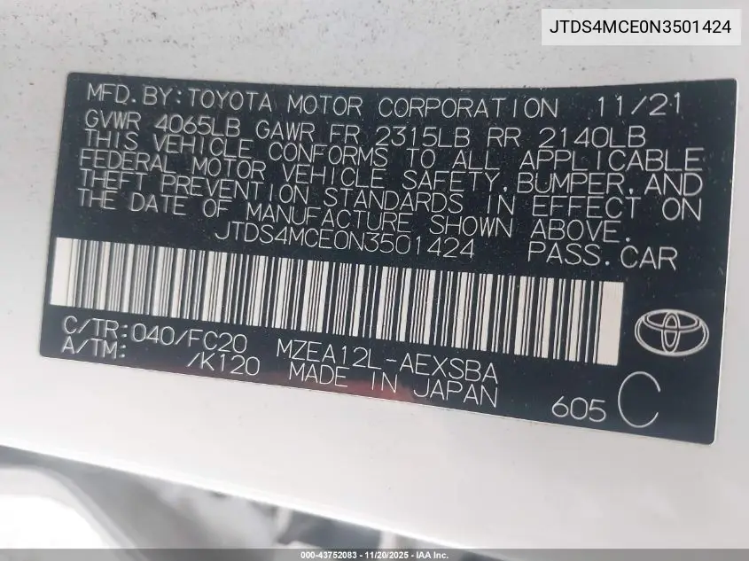 JTDS4MCE0N3501424 2022 Toyota Corolla Se