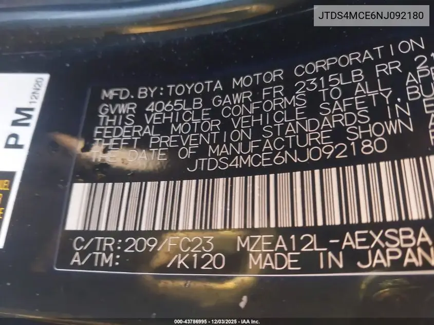 JTDS4MCE6NJ092180 2022 Toyota Corolla Se