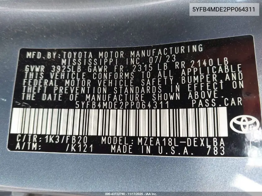 5YFB4MDE2PP064311 2023 Toyota Corolla Le