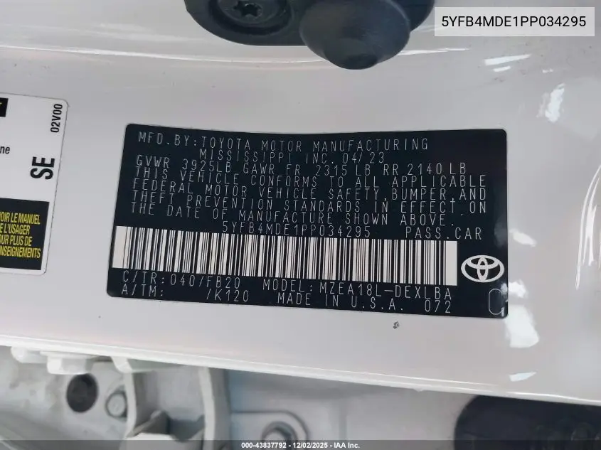 5YFB4MDE1PP034295 2023 Toyota Corolla Le