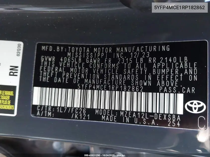 5YFP4MCE1RP182862 2024 Toyota Corolla Se
