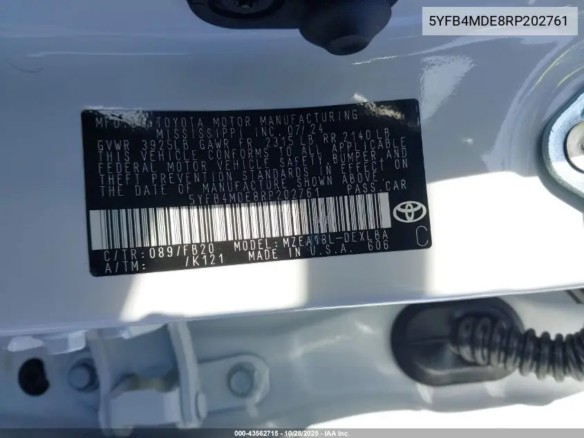 5YFB4MDE8RP202761 2024 Toyota Corolla Le