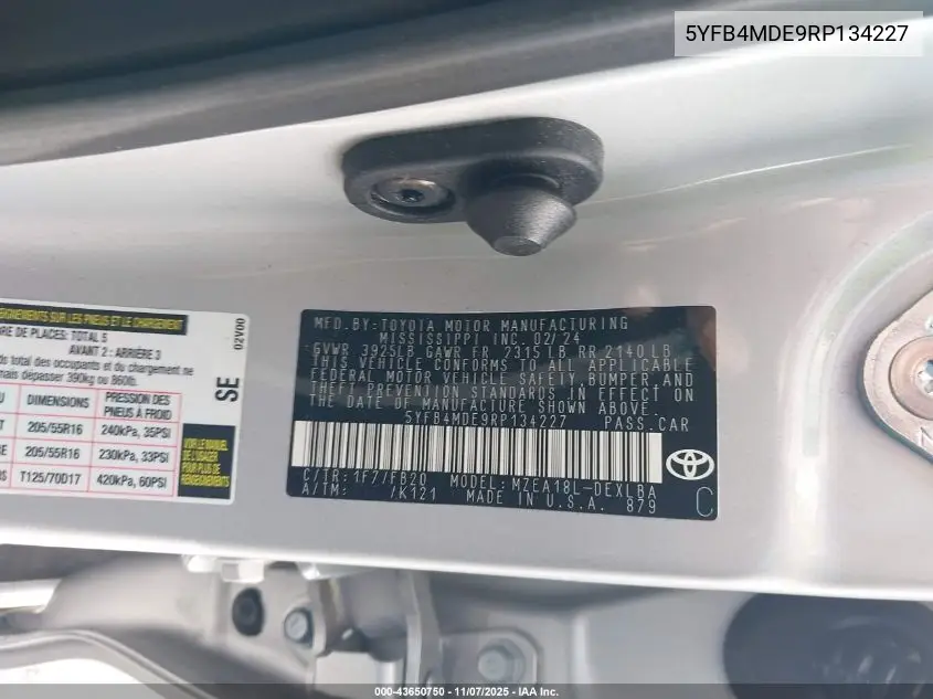 5YFB4MDE9RP134227 2024 Toyota Corolla Le