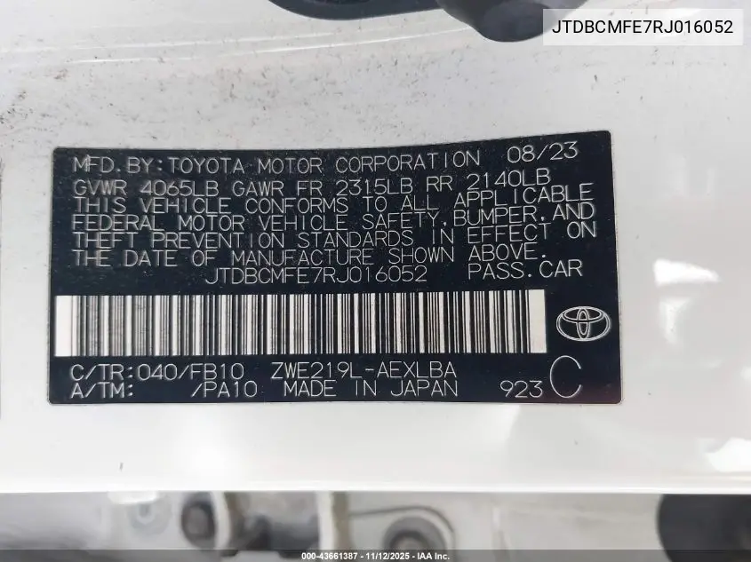 JTDBCMFE7RJ016052 2024 Toyota Corolla Hybrid Le