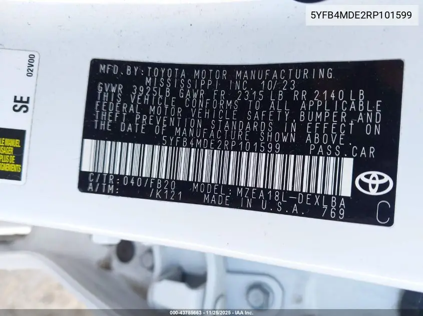 5YFB4MDE2RP101599 2024 Toyota Corolla Le