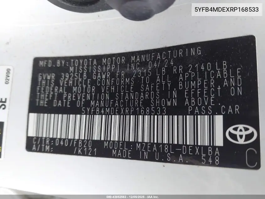 5YFB4MDEXRP168533 2024 Toyota Corolla Le