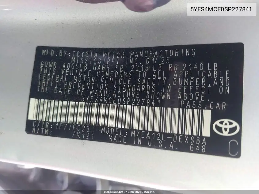 5YFS4MCE0SP227841 2025 Toyota Corolla Se