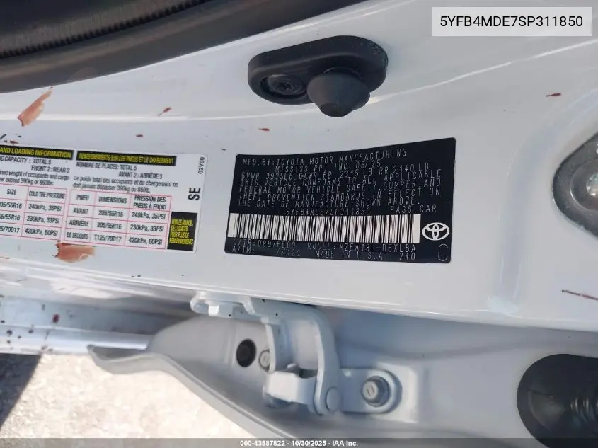 5YFB4MDE7SP311850 2025 Toyota Corolla Le