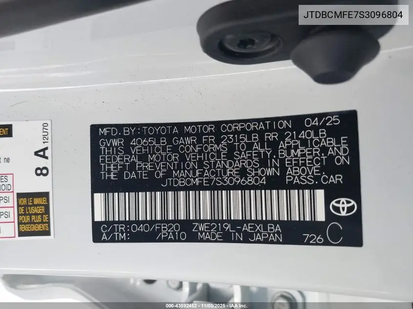 JTDBCMFE7S3096804 2025 Toyota Corolla Hybrid Le