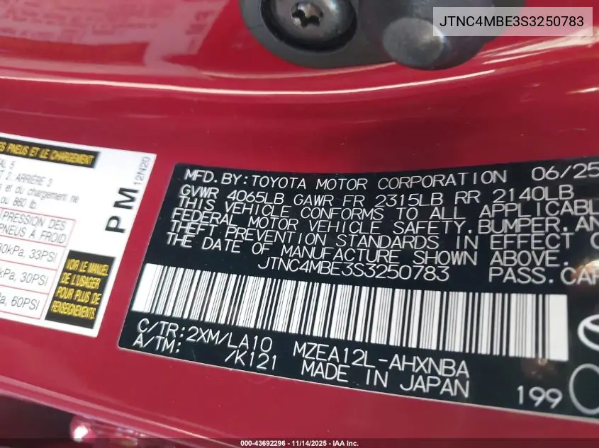 JTNC4MBE3S3250783 2025 Toyota Corolla Xse