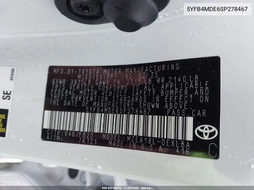 5YFB4MDE6SP278467 2025 Toyota Corolla Le