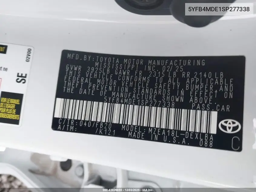 5YFB4MDE1SP277338 2025 Toyota Corolla Le
