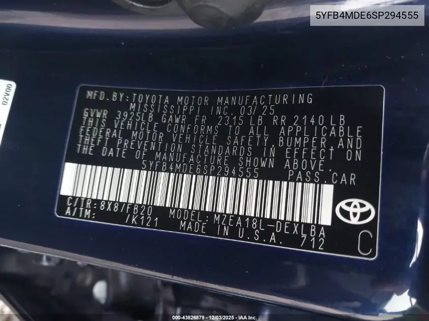 5YFB4MDE6SP294555 2025 Toyota Corolla Le
