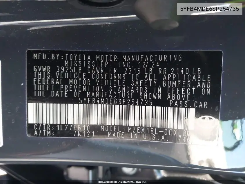 5YFB4MDE6SP254735 2025 Toyota Corolla Le