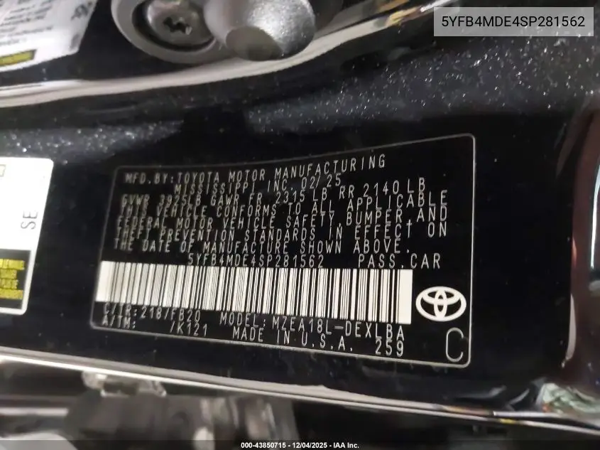 5YFB4MDE4SP281562 2025 Toyota Corolla Le