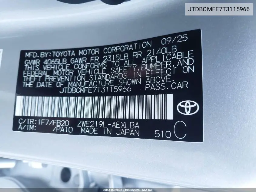 JTDBCMFE7T3115966 2026 Toyota Corolla Hybrid Le