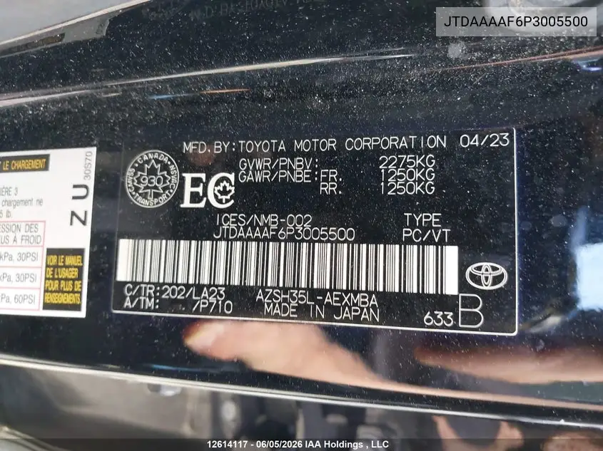 2023 Toyota Crown Xle VIN: JTDAAAAF6P3005500 Lot: 12614117