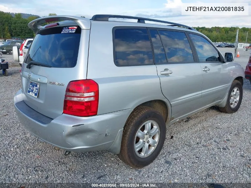 JTEHF21AX20081835 2002 Toyota Highlander Limited V6