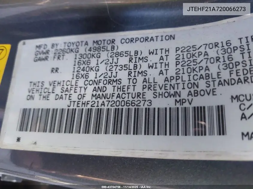 JTEHF21A720066273 2002 Toyota Highlander V6