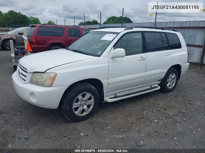 JTEGF21A430081195 2003 Toyota Highlander V6 (A4)