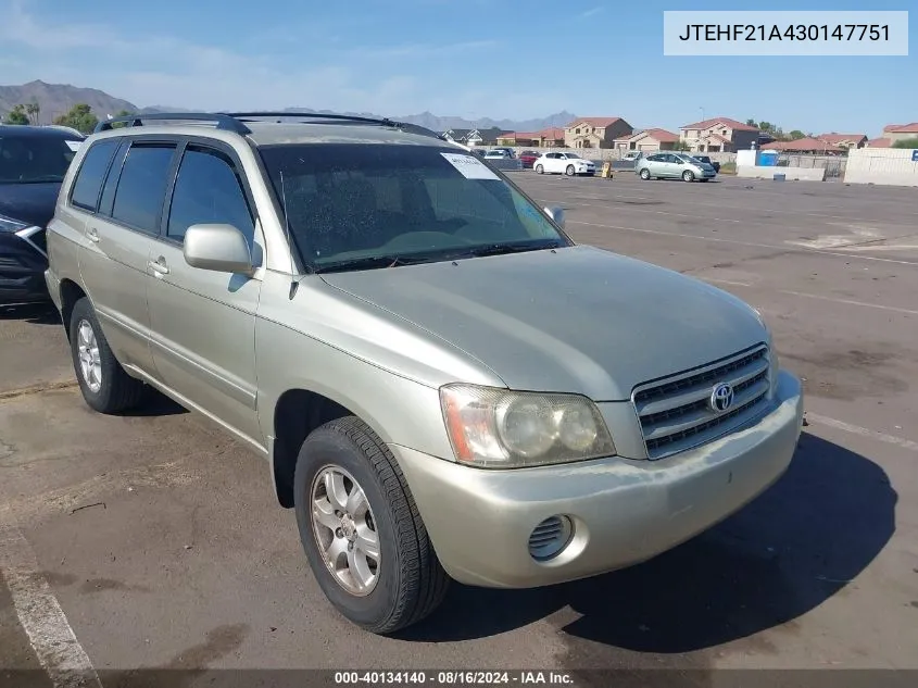 JTEHF21A430147751 2003 Toyota Highlander V6