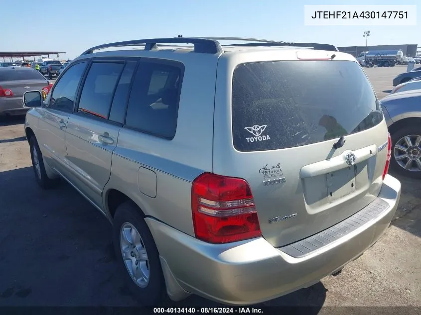 JTEHF21A430147751 2003 Toyota Highlander V6