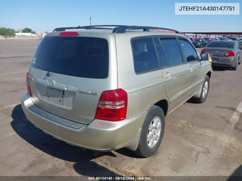 JTEHF21A430147751 2003 Toyota Highlander V6