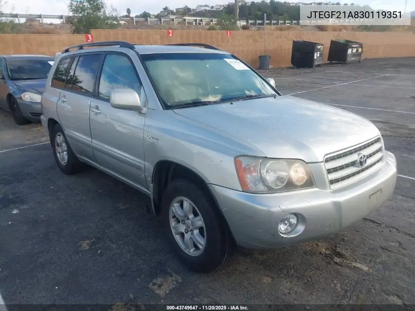 JTEGF21A830119351 2003 Toyota Highlander Limited V6
