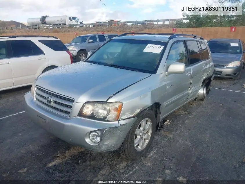 JTEGF21A830119351 2003 Toyota Highlander Limited V6
