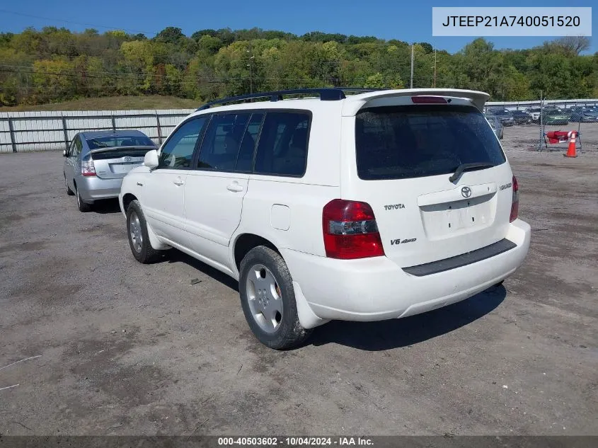 JTEEP21A740051520 2004 Toyota Highlander Limited V6