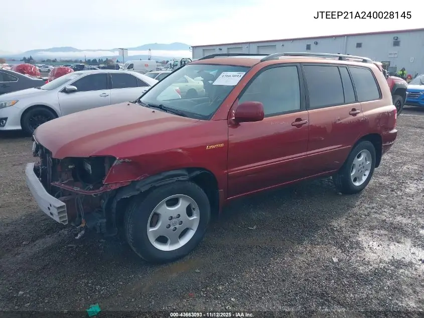 JTEEP21A240028145 2004 Toyota Highlander Limited V6