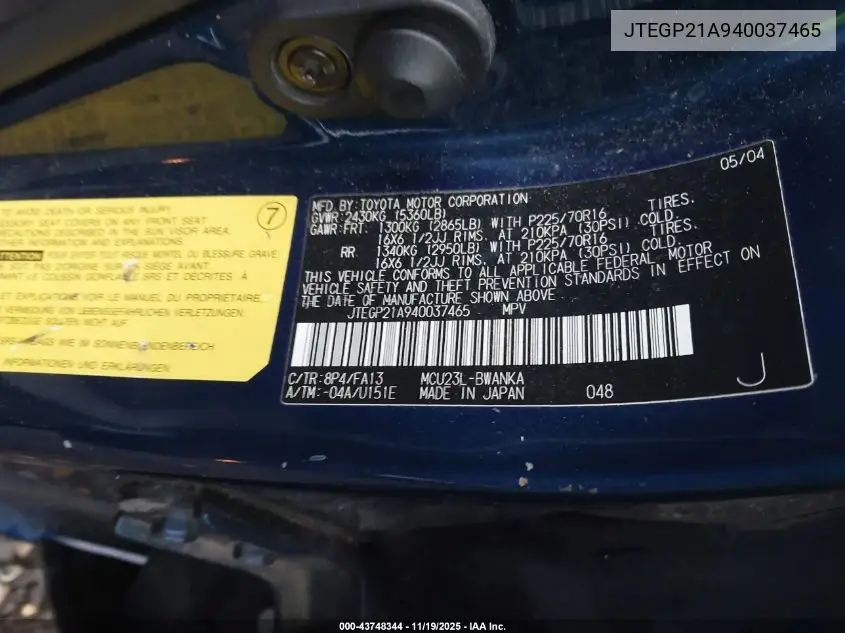 JTEGP21A940037465 2004 Toyota Highlander V6
