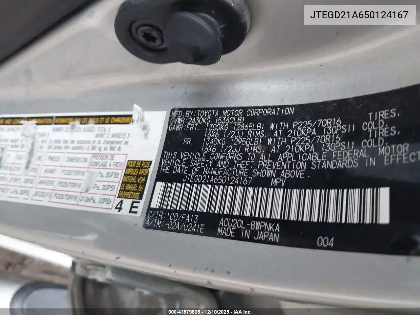 JTEGD21A650124167 2005 Toyota Highlander