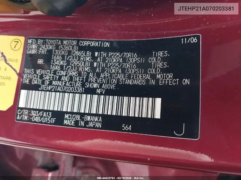 JTEHP21A070203381 2007 Toyota Highlander V6
