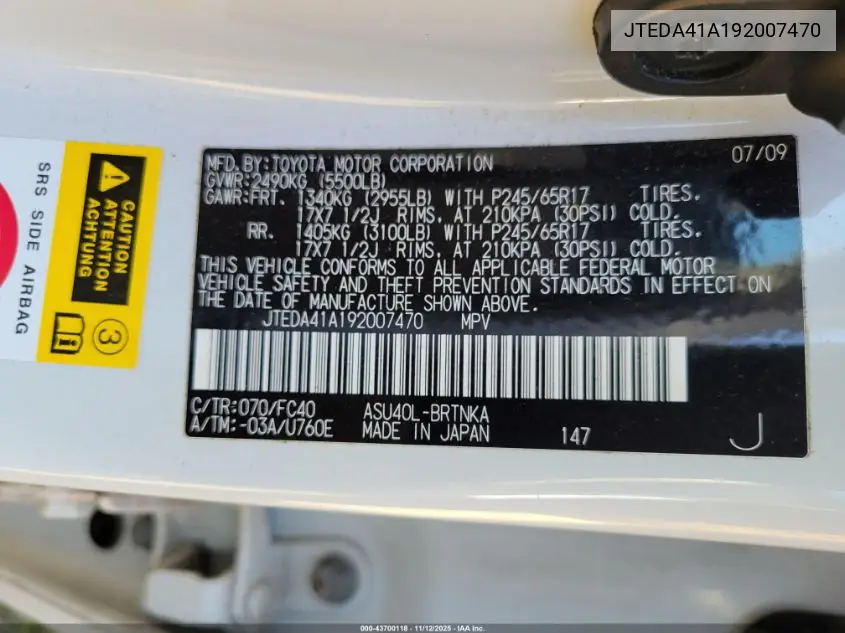 JTEDA41A192007470 2009 Toyota Highlander