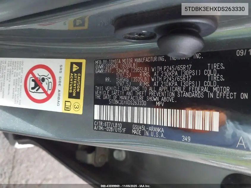 5TDBK3EHXDS263330 2013 Toyota Highlander Se V6