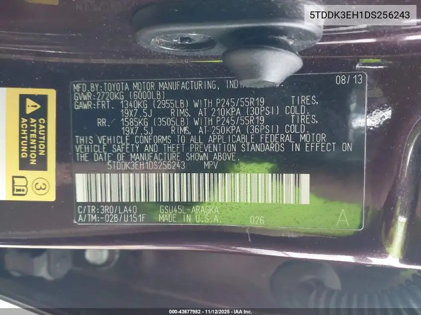 5TDDK3EH1DS256243 2013 Toyota Highlander Limited V6